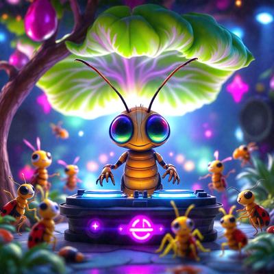 The primary subject of the image is a large, colorful insect, possibly a grasshopper or a beetle, sitting on a table. The setting is a lush, green environment with a tree in the background. The visual style is a digital art or illustration, creating a vibrant and engaging scene. The colors and mood are bright and cheerful, with the insect being the main focus of the image.
